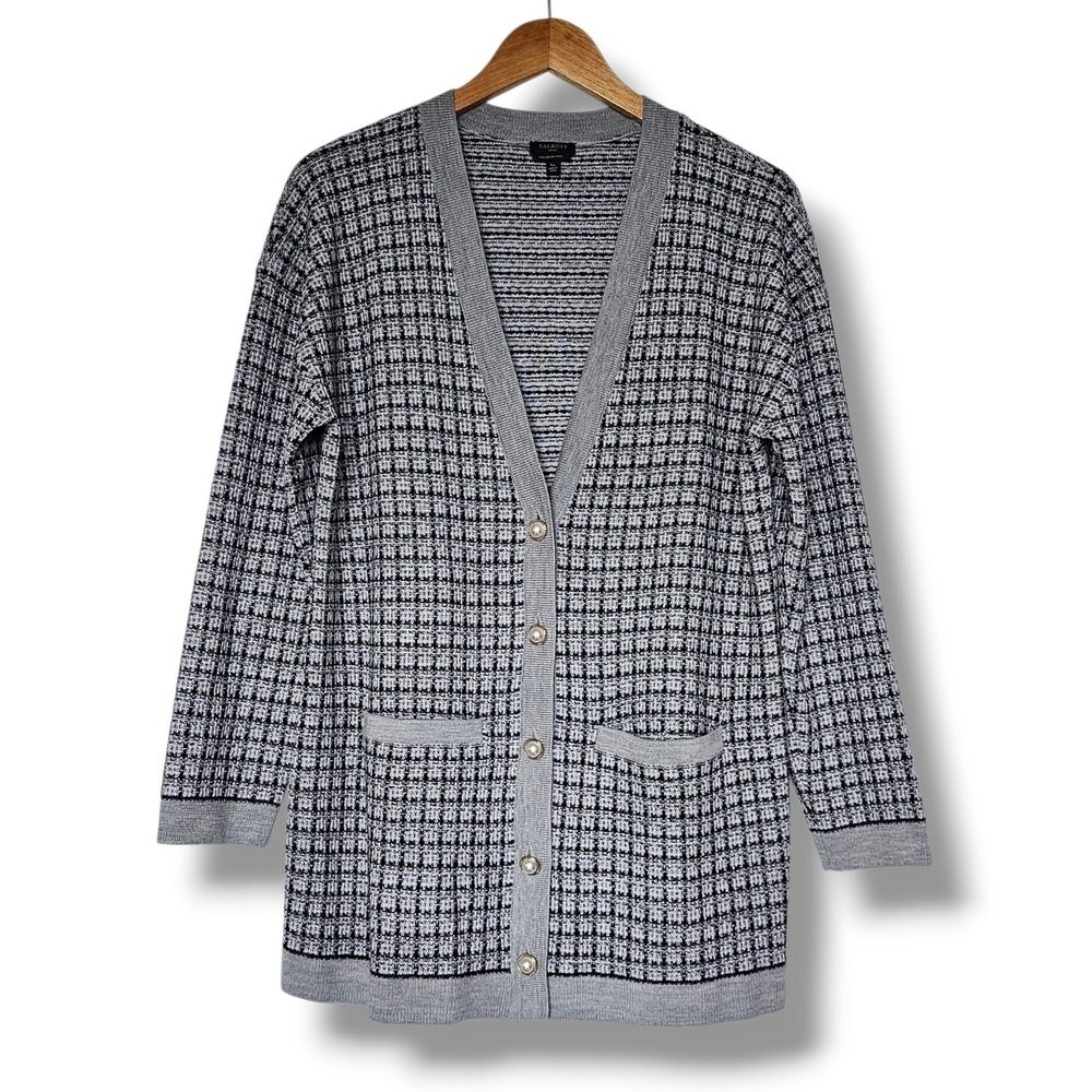 Talbots Cardigan LP Womens Grey Merino Wool Pearl Button Longline Sweater Preppy